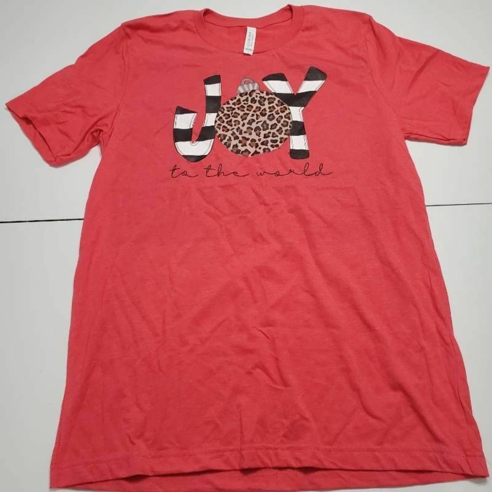 Bella + Canvas girl Graphic T-Shirt Coral Black Joy Crew Neck Cotton Blend Tee L
